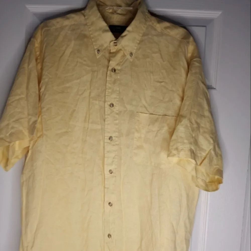 Roundtree & Yorke Men's Yellow Linen Solid Pocket Short Sleeved Shirt Size XL
